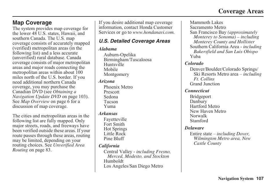 Coverage areas | HONDA 2011 Fit Navigation User Manual | Page 108 / 152