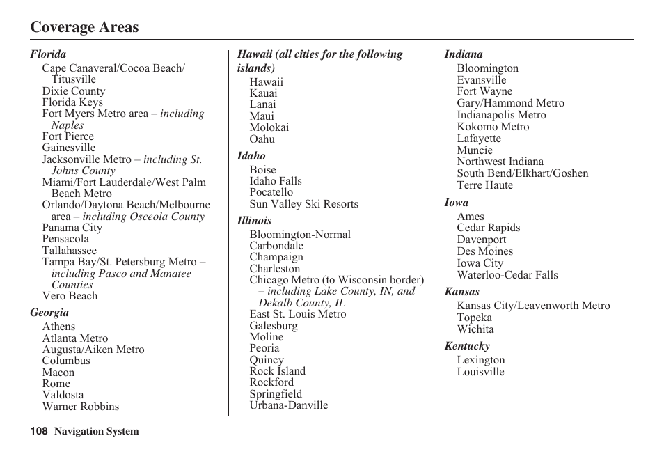 Coverage areas | HONDA 2011 Fit Navigation User Manual | Page 109 / 152