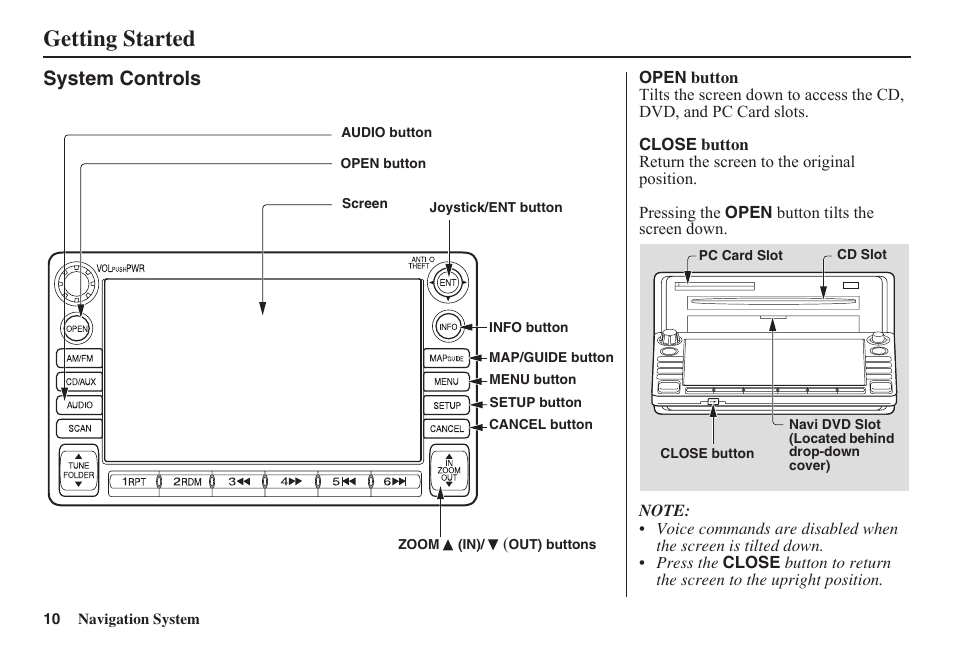 Getting started, System controls | HONDA 2011 Fit Navigation User Manual | Page 11 / 152