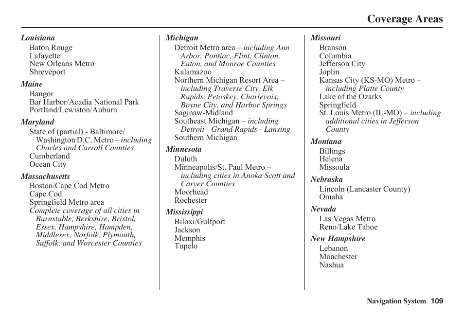 Coverage areas | HONDA 2011 Fit Navigation User Manual | Page 110 / 152