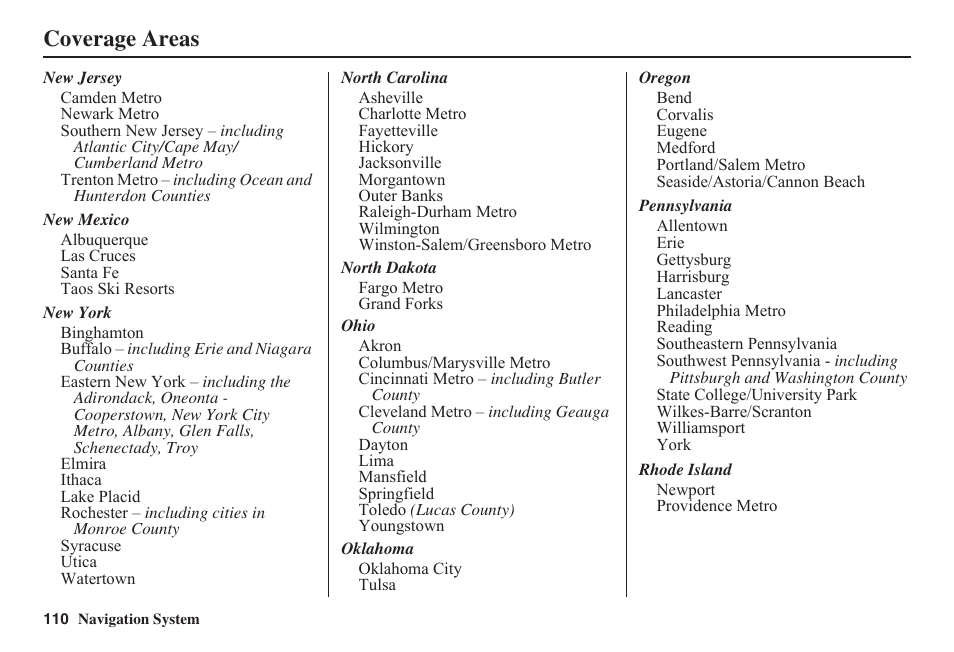 Coverage areas | HONDA 2011 Fit Navigation User Manual | Page 111 / 152