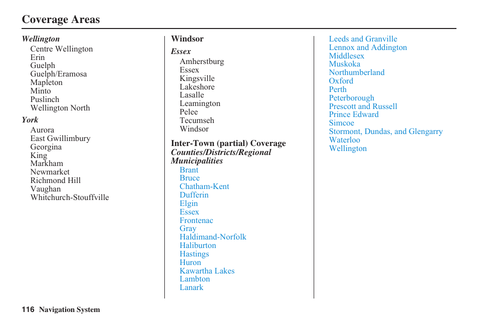 Coverage areas | HONDA 2011 Fit Navigation User Manual | Page 117 / 152
