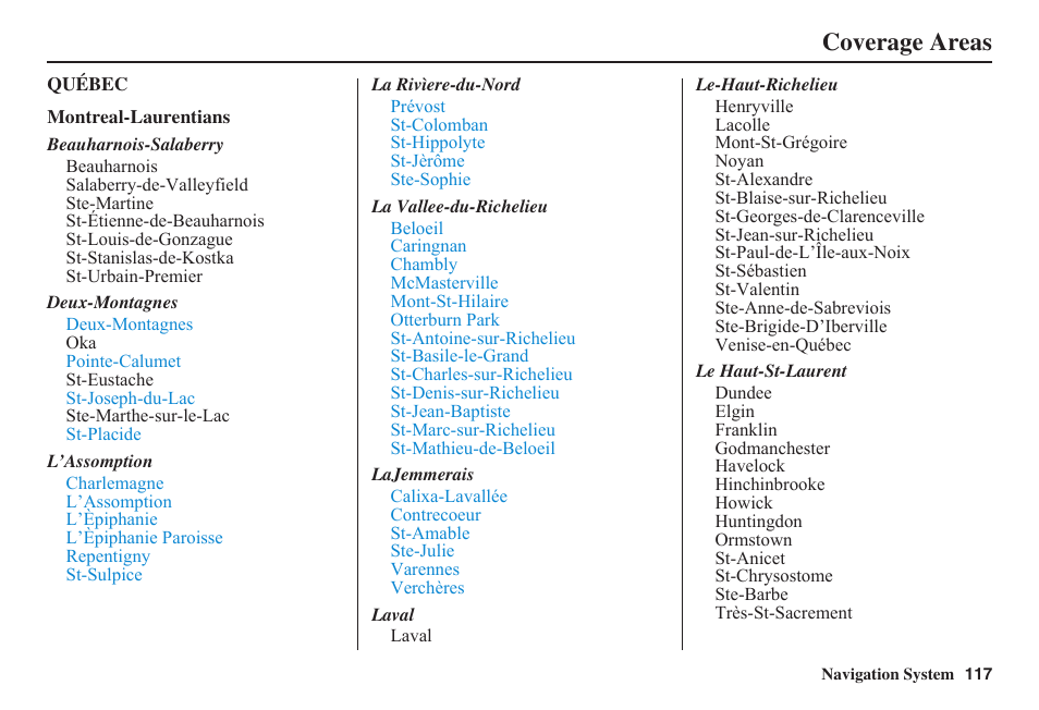 Coverage areas | HONDA 2011 Fit Navigation User Manual | Page 118 / 152