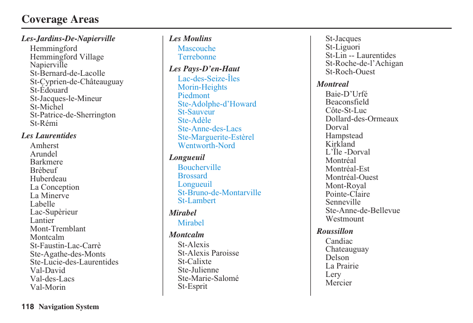 Coverage areas | HONDA 2011 Fit Navigation User Manual | Page 119 / 152