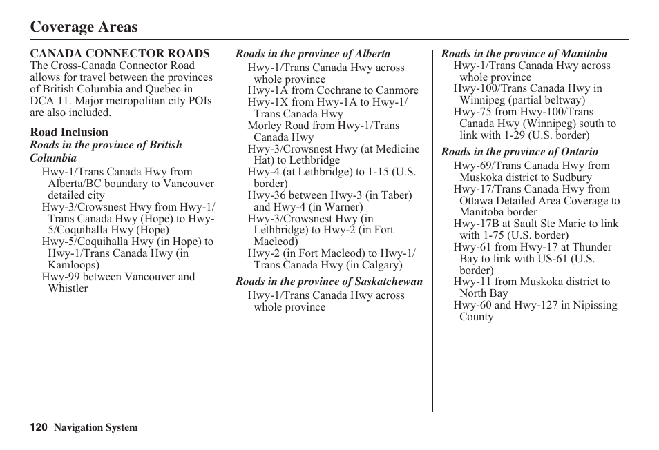 Coverage areas | HONDA 2011 Fit Navigation User Manual | Page 121 / 152