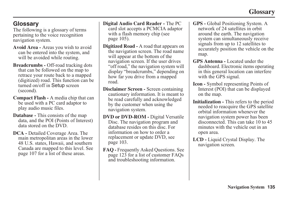 Glossary | HONDA 2011 Fit Navigation User Manual | Page 136 / 152