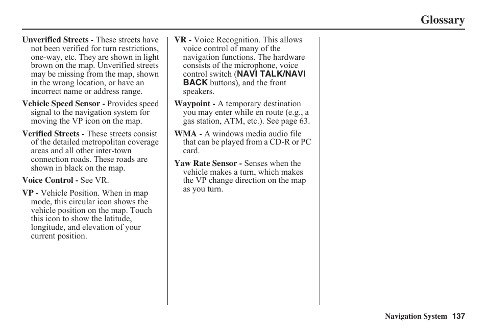 Glossary | HONDA 2011 Fit Navigation User Manual | Page 138 / 152