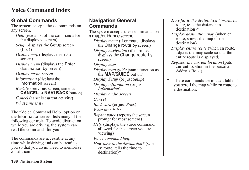 Voice command index | HONDA 2011 Fit Navigation User Manual | Page 139 / 152