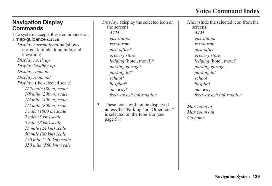 Voice command index | HONDA 2011 Fit Navigation User Manual | Page 140 / 152