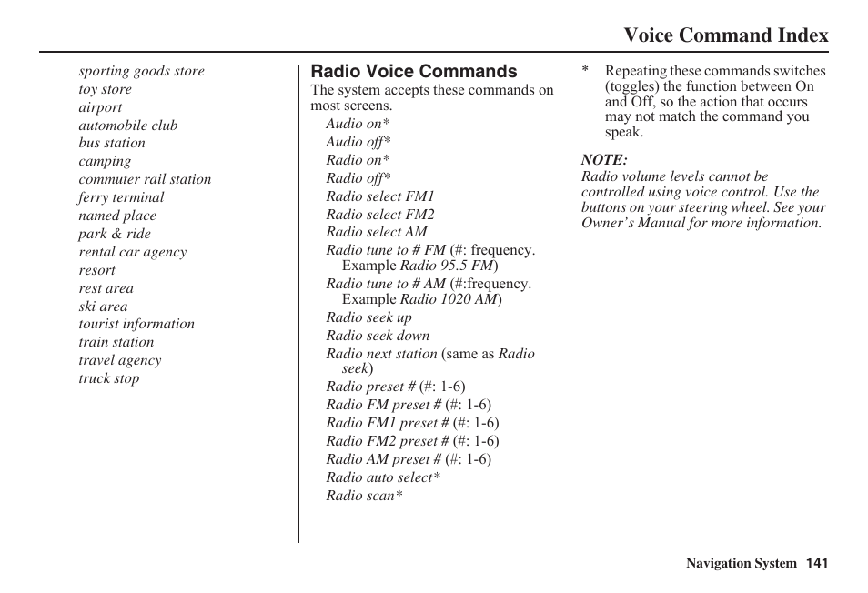 Voice command index | HONDA 2011 Fit Navigation User Manual | Page 142 / 152