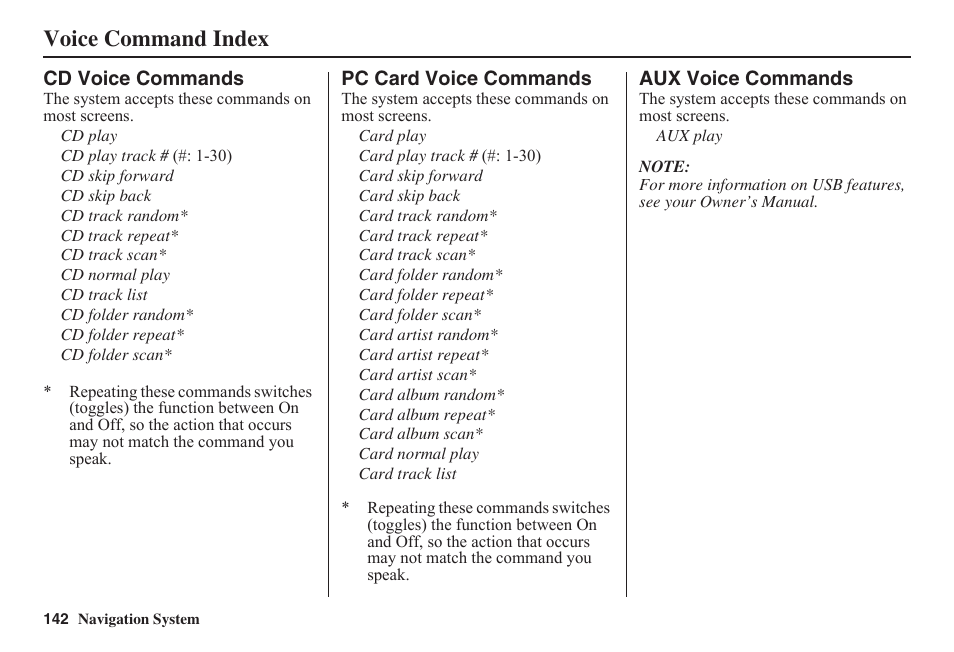 Voice command index | HONDA 2011 Fit Navigation User Manual | Page 143 / 152