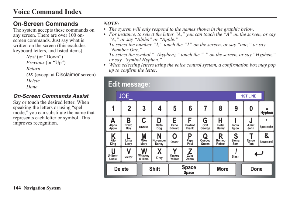 Voice command index, On-screen commands, On-screen commands assist | HONDA 2011 Fit Navigation User Manual | Page 145 / 152
