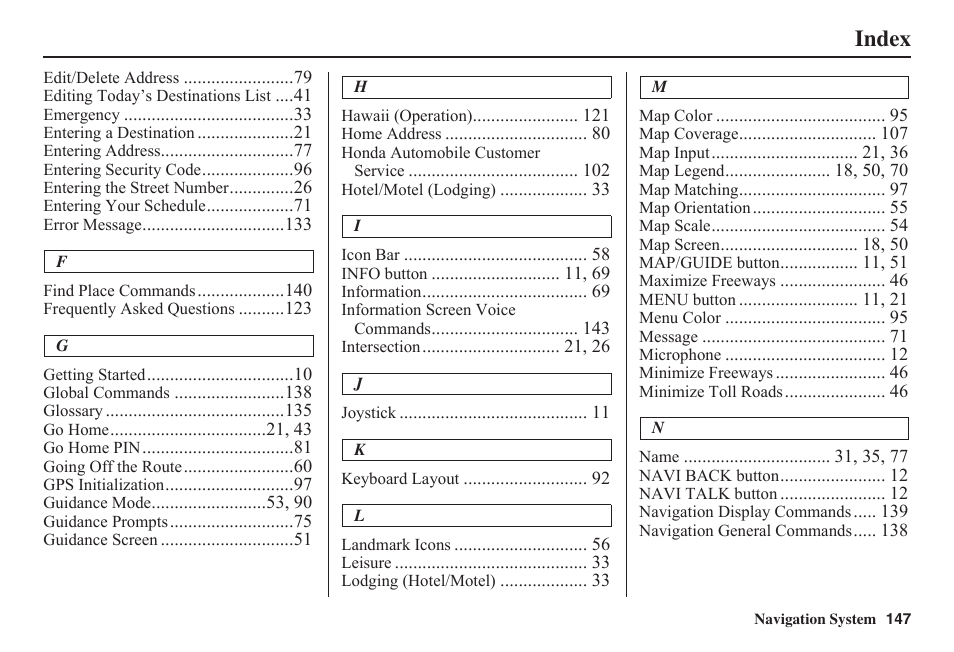 Index | HONDA 2011 Fit Navigation User Manual | Page 148 / 152