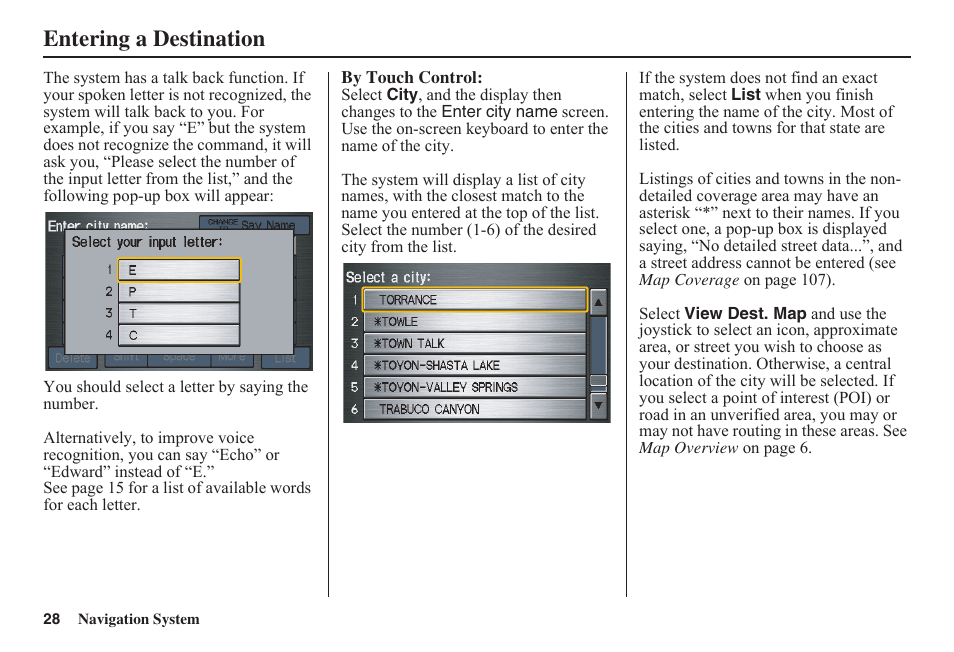 Entering a destination | HONDA 2011 Fit Navigation User Manual | Page 29 / 152