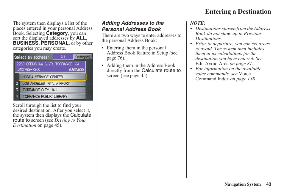 Entering a destination | HONDA 2011 Fit Navigation User Manual | Page 44 / 152