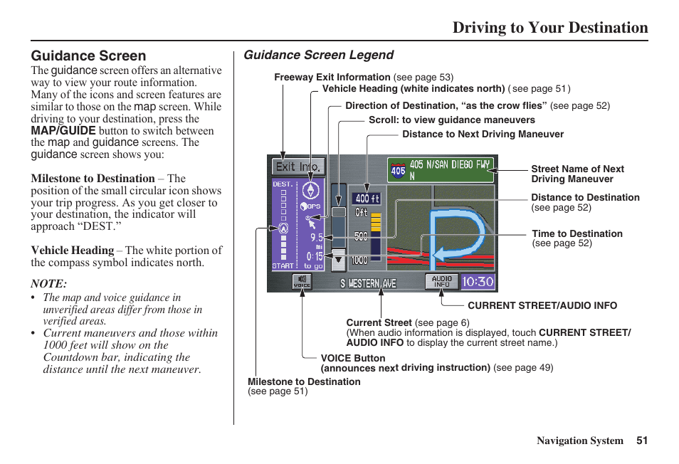 Driving to your destination, Guidance screen | HONDA 2011 Fit Navigation User Manual | Page 52 / 152