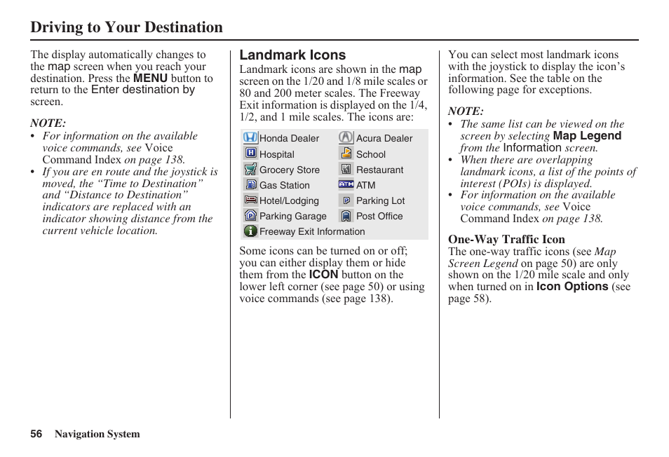 Driving to your destination, Landmark icons | HONDA 2011 Fit Navigation User Manual | Page 57 / 152