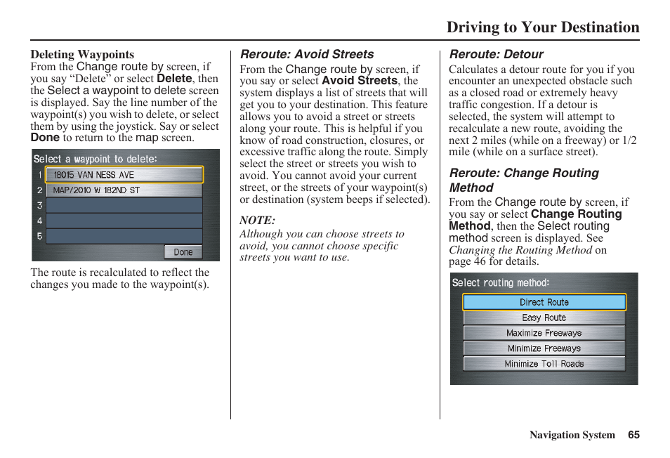 Driving to your destination | HONDA 2011 Fit Navigation User Manual | Page 66 / 152