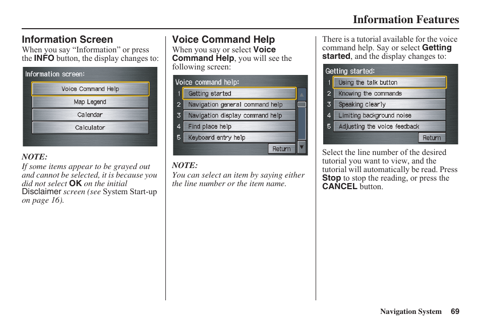 Information features | HONDA 2011 Fit Navigation User Manual | Page 70 / 152