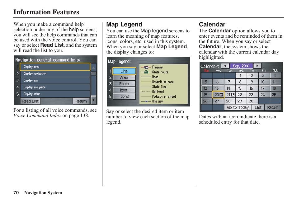 Information features | HONDA 2011 Fit Navigation User Manual | Page 71 / 152