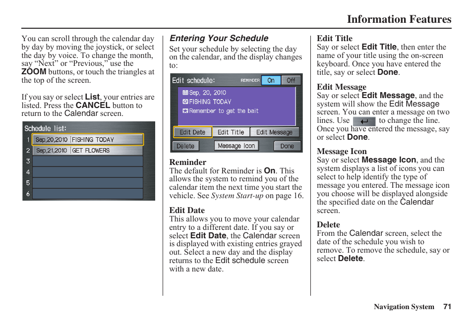 Information features | HONDA 2011 Fit Navigation User Manual | Page 72 / 152