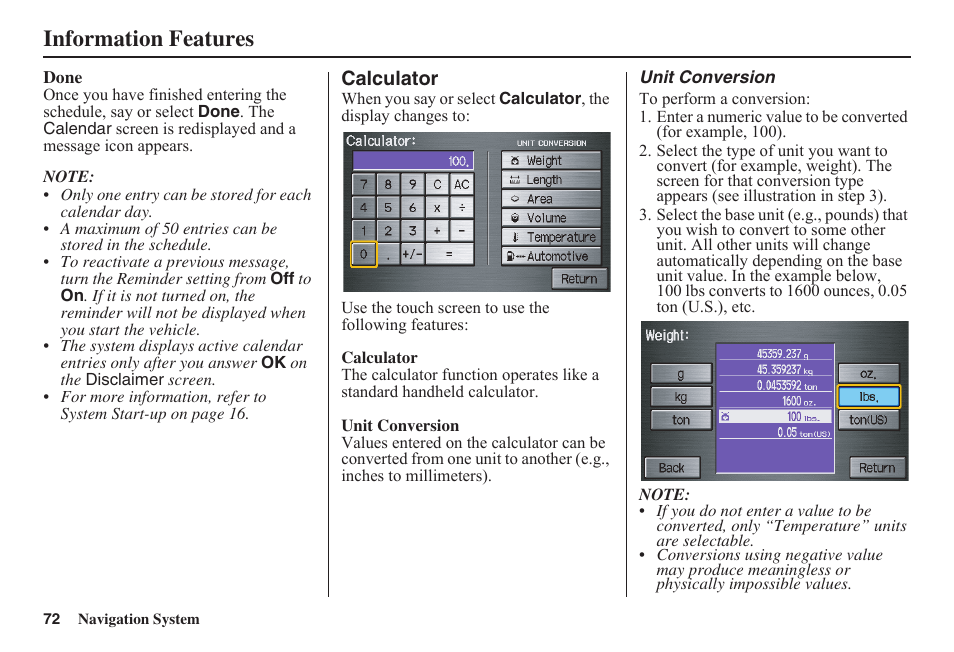 Information features | HONDA 2011 Fit Navigation User Manual | Page 73 / 152