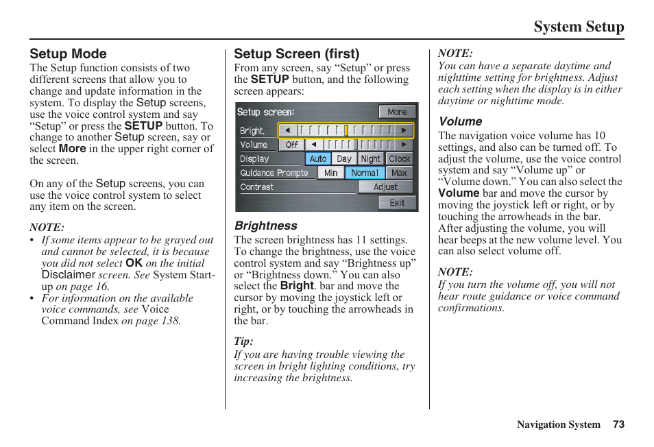 System setup | HONDA 2011 Fit Navigation User Manual | Page 74 / 152