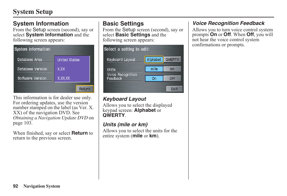 System setup | HONDA 2011 Fit Navigation User Manual | Page 93 / 152