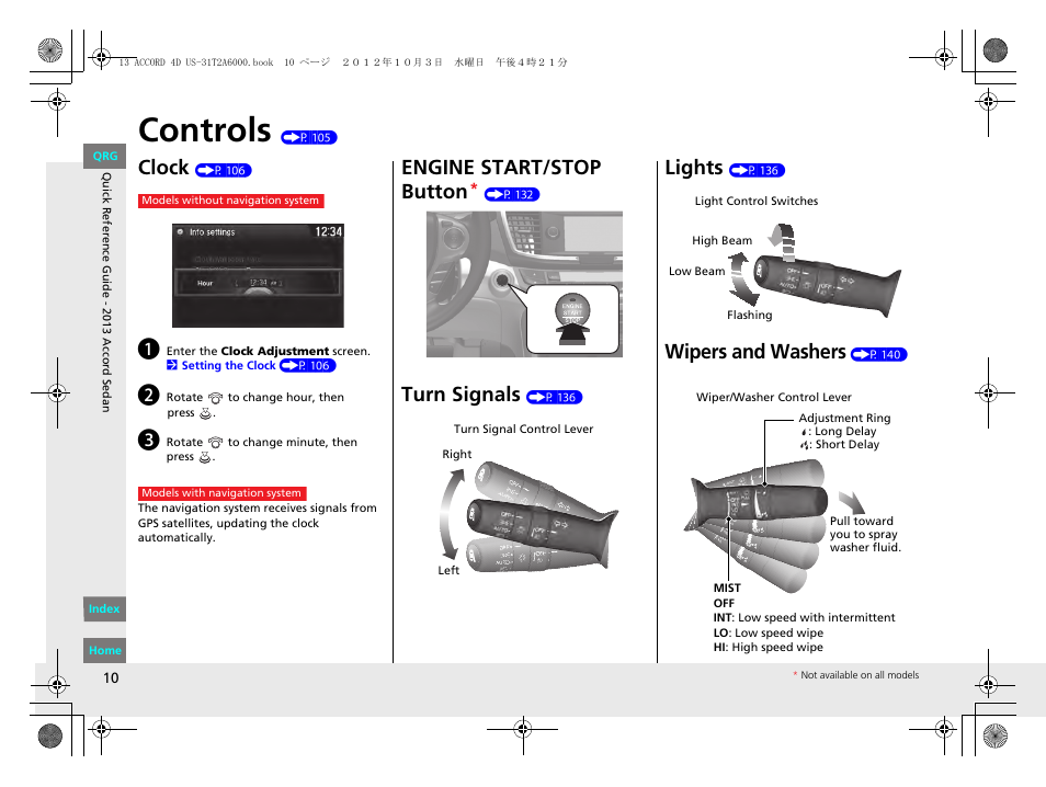 Controls (p 105), Controls, Clock | Engine start/stop button, Turn signals, Lights, Wipers and washers | HONDA 2013 Accord Sedan User Manual | Page 11 / 595