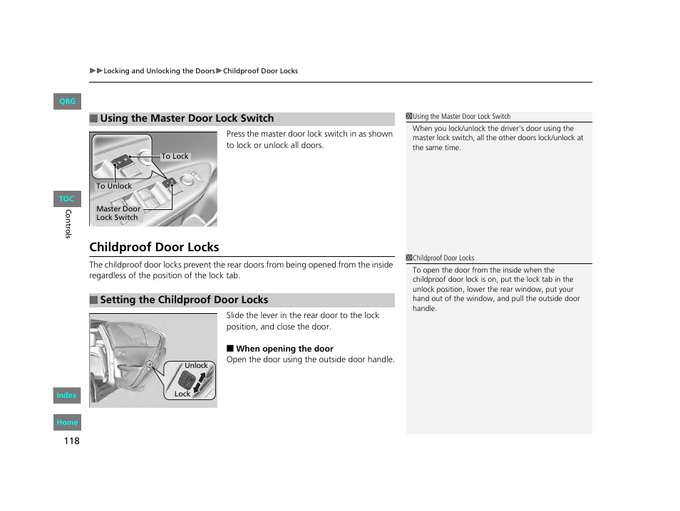 P 118), Childproof door locks | HONDA 2013 Accord Sedan User Manual | Page 119 / 595