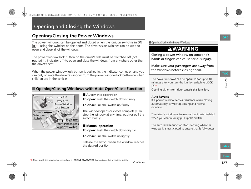 P. 127, P 127), Opening and closing the windows | Warning, Opening/closing the power windows | HONDA 2013 Accord Sedan User Manual | Page 128 / 595