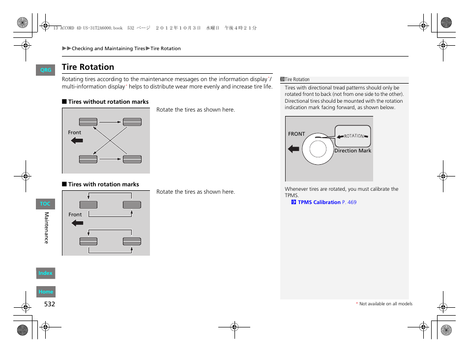 Tire rotation | HONDA 2013 Accord Sedan User Manual | Page 533 / 595