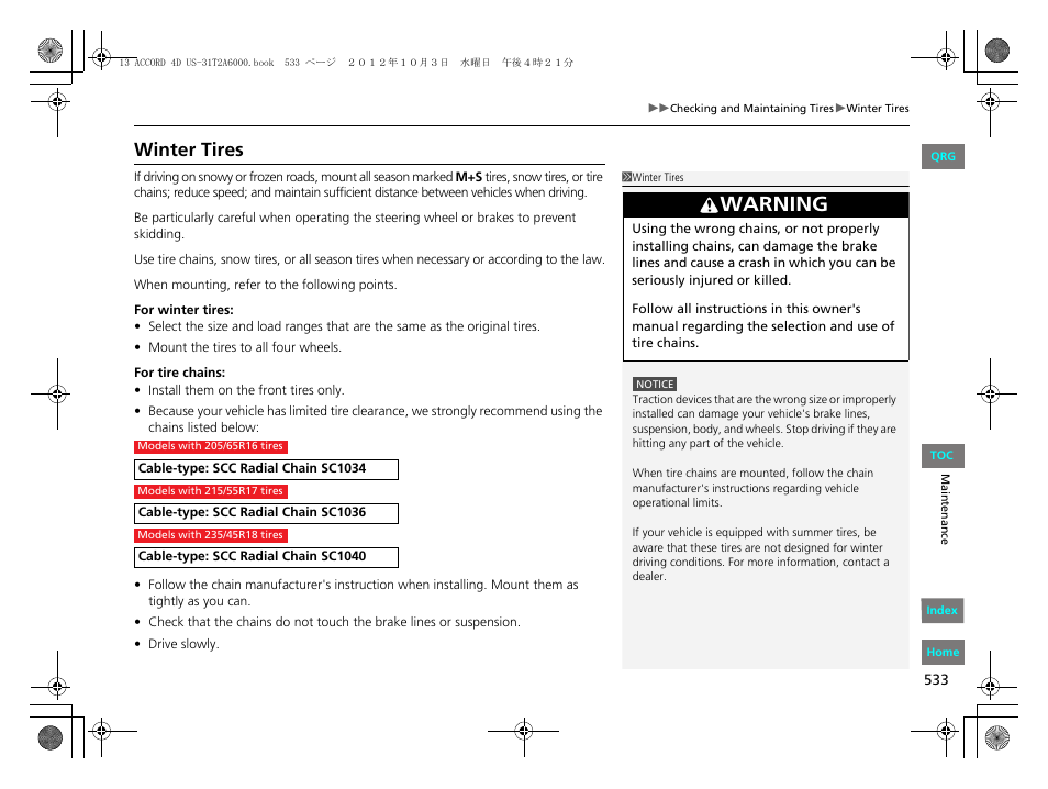 Warning, Winter tires | HONDA 2013 Accord Sedan User Manual | Page 534 / 595