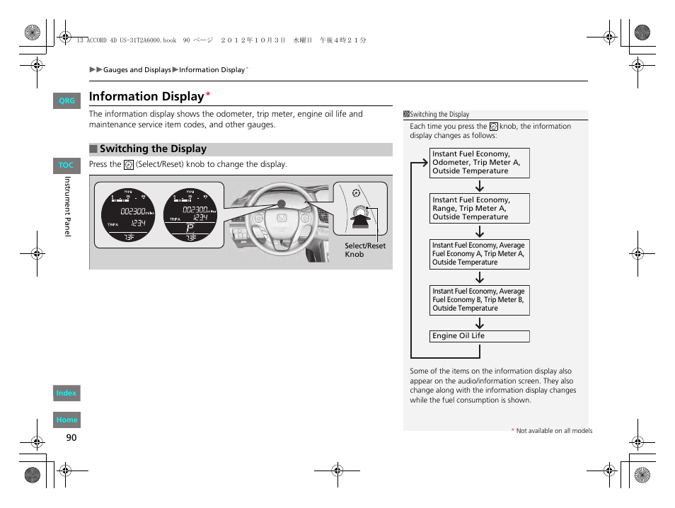 P 90), Knob, P 90 | Information display | HONDA 2013 Accord Sedan User Manual | Page 91 / 595