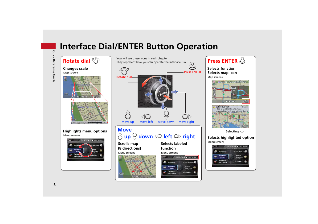 Interface dial/enter button operation | HONDA 2013 Odyssey Navigation User Manual | Page 10 / 267