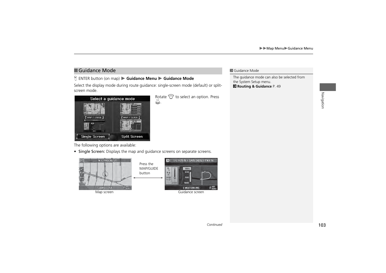 P103), Guidance screen, 2 guidance mode | P. 103, 2 guidance mode p. 103 | HONDA 2013 Odyssey Navigation User Manual | Page 105 / 267