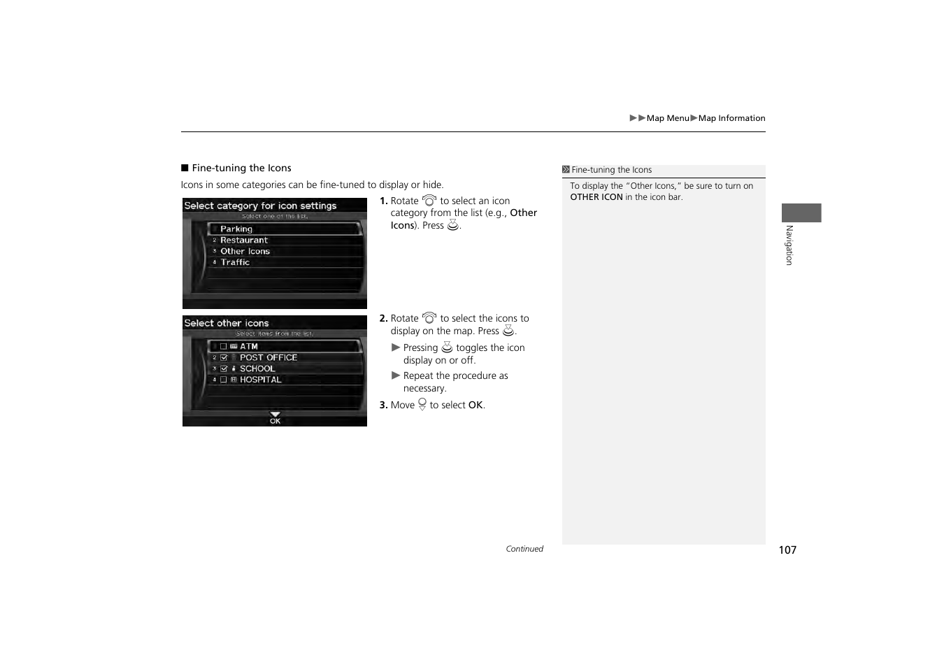 2 fine-tuning the icons, P. 107 | HONDA 2013 Odyssey Navigation User Manual | Page 109 / 267