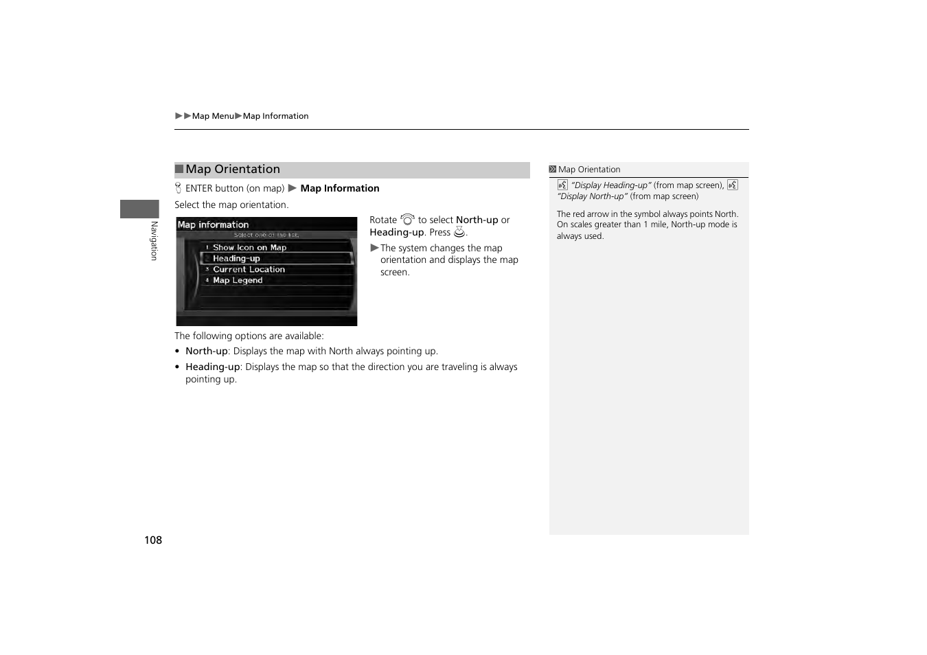 P108), 2 map orientation, P. 108 | HONDA 2013 Odyssey Navigation User Manual | Page 110 / 267