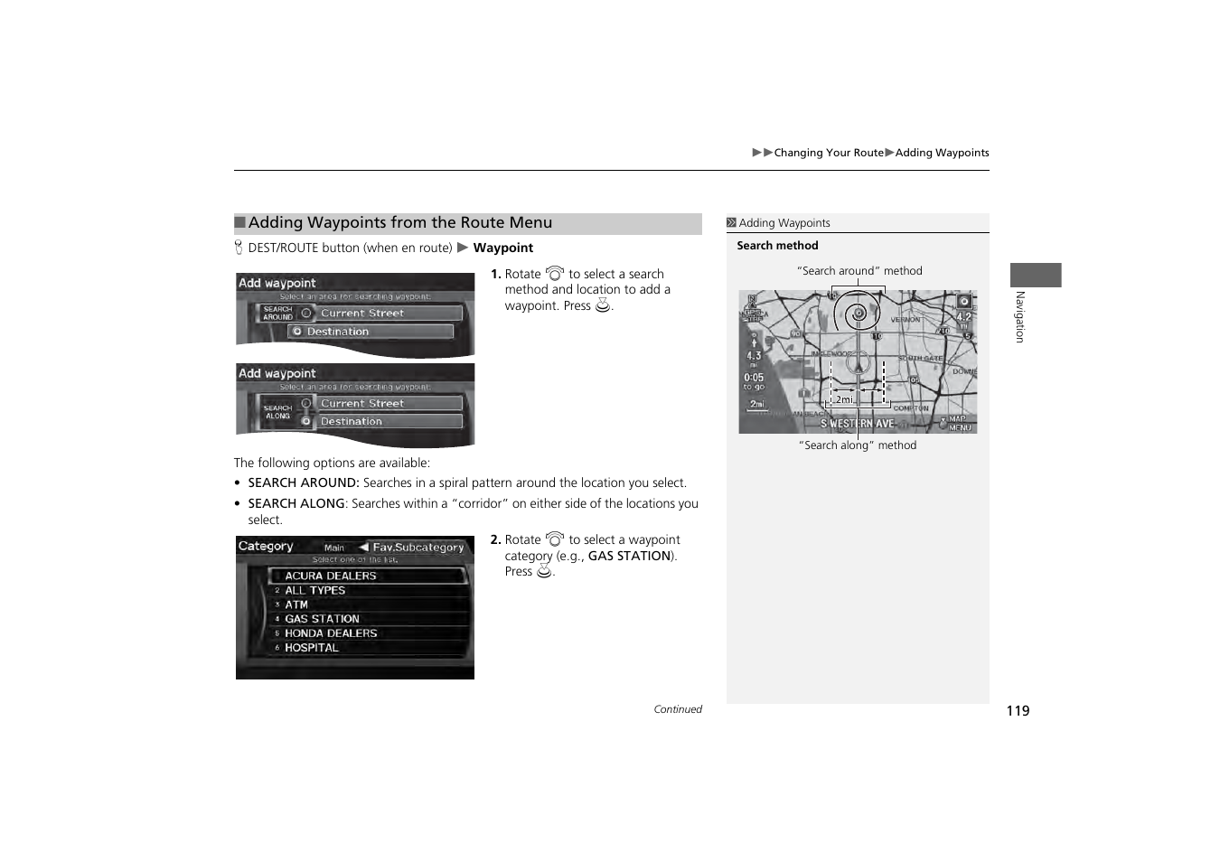 2 adding waypoints from the route menu, P. 119 | HONDA 2013 Odyssey Navigation User Manual | Page 121 / 267