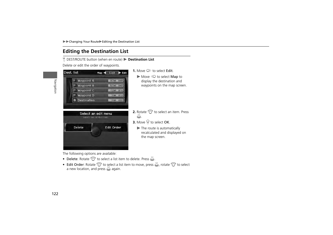 Editing the destination list, 2 editing the destination list p. 122, 2 editing the destination list | P. 122 | HONDA 2013 Odyssey Navigation User Manual | Page 124 / 267