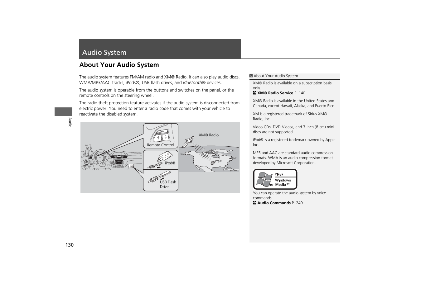 Audio system 130, Audio system, About your audio system | HONDA 2013 Odyssey Navigation User Manual | Page 132 / 267
