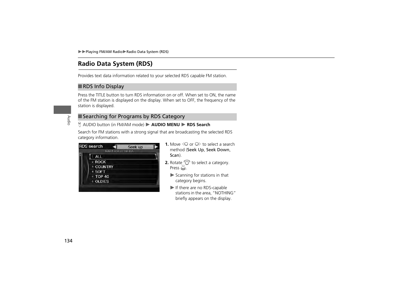 Radio data system (rds), Rds category, 2 searching for programs by rds category | P. 134 | HONDA 2013 Odyssey Navigation User Manual | Page 136 / 267