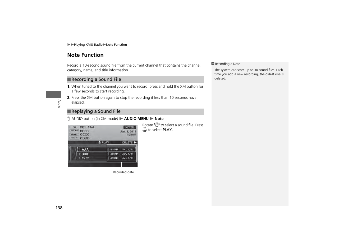 Note function, 2 note function, P. 138 | HONDA 2013 Odyssey Navigation User Manual | Page 140 / 267