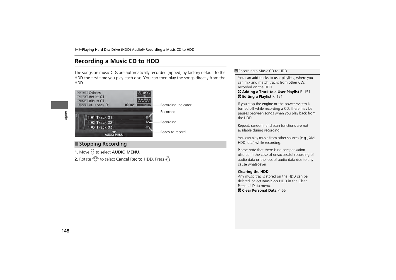 Recording a music cd to hdd, Audio, 2 recording a music cd to hdd | P. 148, E® information | HONDA 2013 Odyssey Navigation User Manual | Page 150 / 267