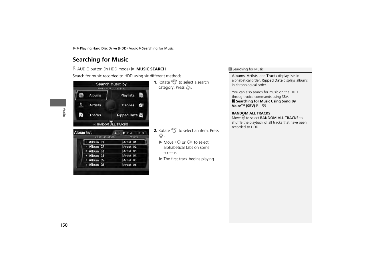 Searching for music, Arch menu, 2 searching for music | P. 150 | HONDA 2013 Odyssey Navigation User Manual | Page 152 / 267