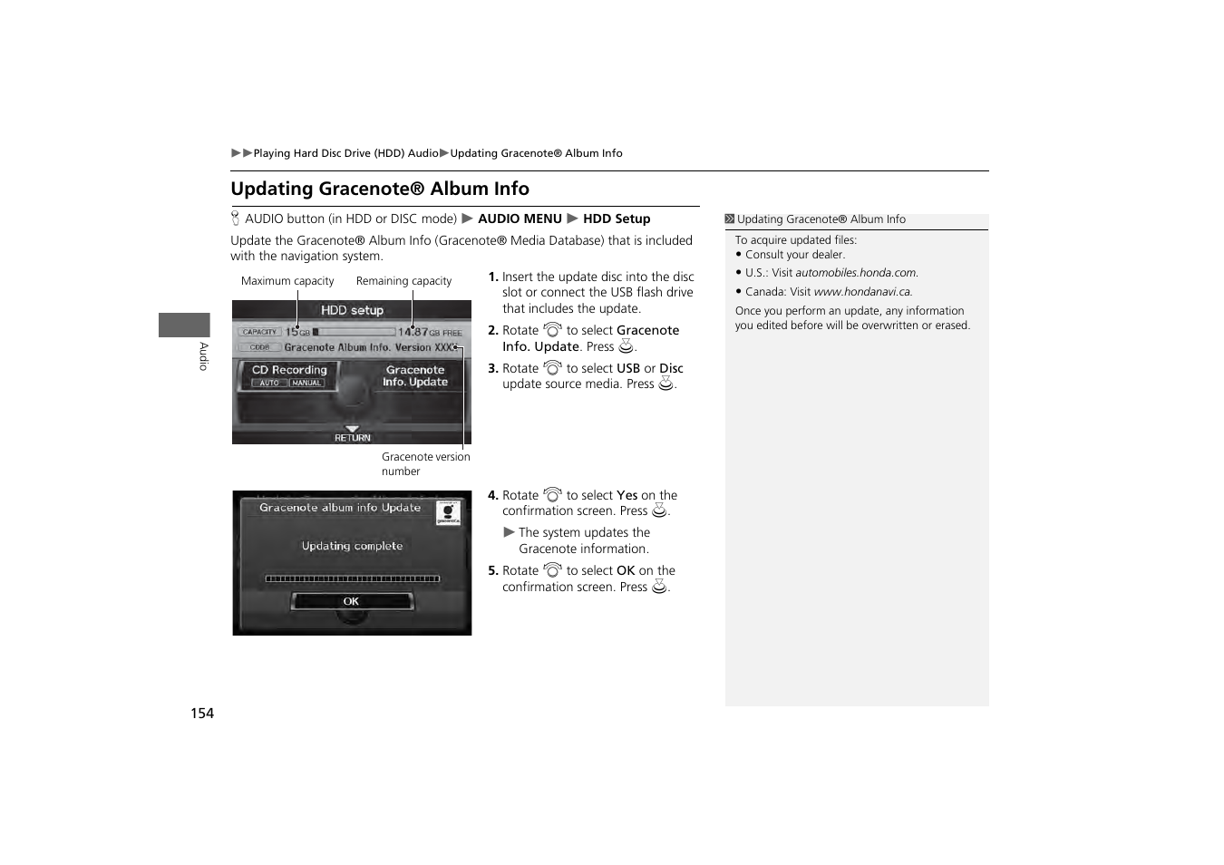 Updating gracenote® album info, 2 updating gracenote® album info, P. 154 | HONDA 2013 Odyssey Navigation User Manual | Page 156 / 267