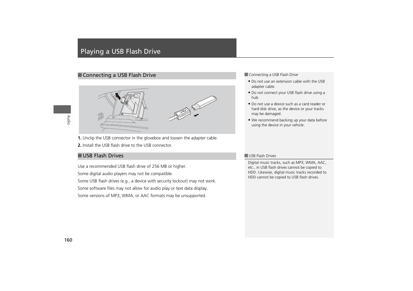 Playing a usb flash drive 160, P160), Usb flash drive | Playing a usb flash drive | HONDA 2013 Odyssey Navigation User Manual | Page 162 / 267