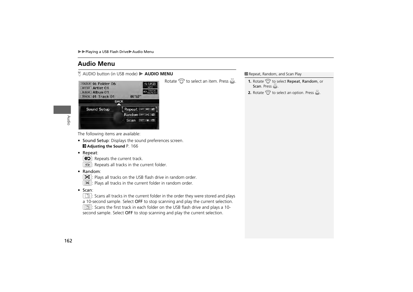 Audio menu, 2 audio menu, P. 162 | HONDA 2013 Odyssey Navigation User Manual | Page 164 / 267