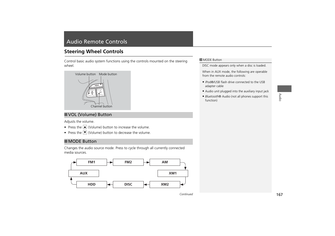 Audio remote controls 167, P167), Audio remote controls | Steering wheel controls | HONDA 2013 Odyssey Navigation User Manual | Page 169 / 267