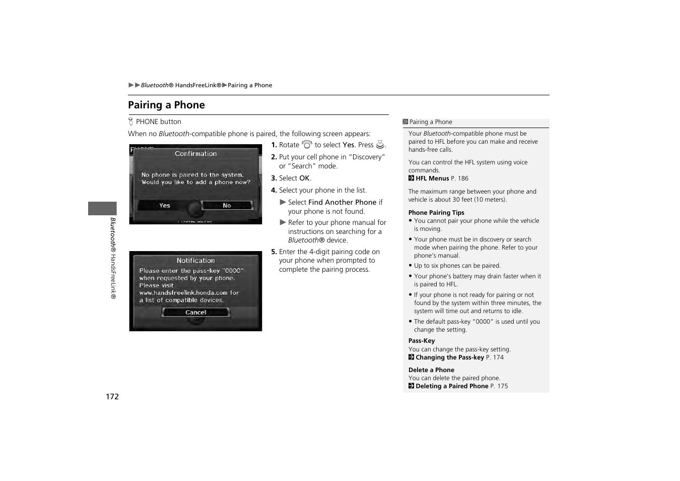 Pairing a phone 172, 2 pairing a phone, P. 172 | Pairing a phone, Features | HONDA 2013 Odyssey Navigation User Manual | Page 174 / 267